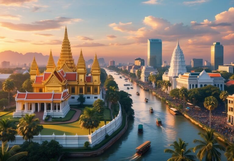 Vista da cidade de Phnom Penh com o Palácio Real, pagodes, rios com barcos, prédios modernos e ruas movimentadas ao pôr do sol.