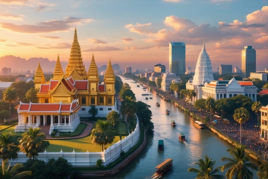 Vista da cidade de Phnom Penh com o Palácio Real, pagodes, rios com barcos, prédios modernos e ruas movimentadas ao pôr do sol.