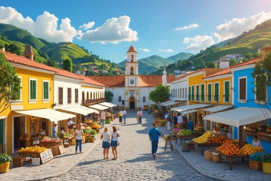 Vista da cidade de Prados MG com casas coloniais, mercado local com barracas e pessoas, igreja histórica e colinas verdes ao fundo em um dia ensolarado.
