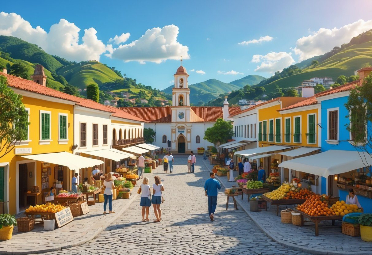 Vista da cidade de Prados MG com casas coloniais, mercado local com barracas e pessoas, igreja histórica e colinas verdes ao fundo em um dia ensolarado.