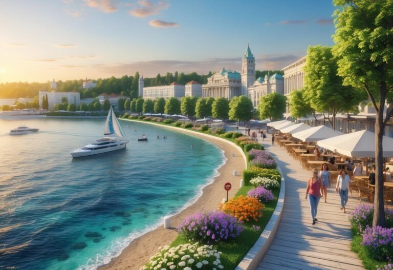 Vista da cidade de Varna com praia, parque à beira-mar, árvores verdes, edifícios históricos e pessoas caminhando e aproveitando o local.