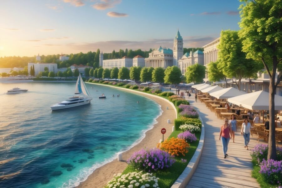 Vista da cidade de Varna com praia, parque à beira-mar, árvores verdes, edifícios históricos e pessoas caminhando e aproveitando o local.