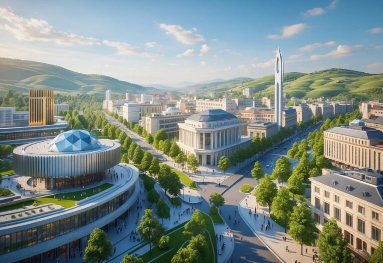 Vista panorâmica da cidade de Pristina com prédios modernos e históricos, áreas verdes e pessoas nas ruas em um dia claro.