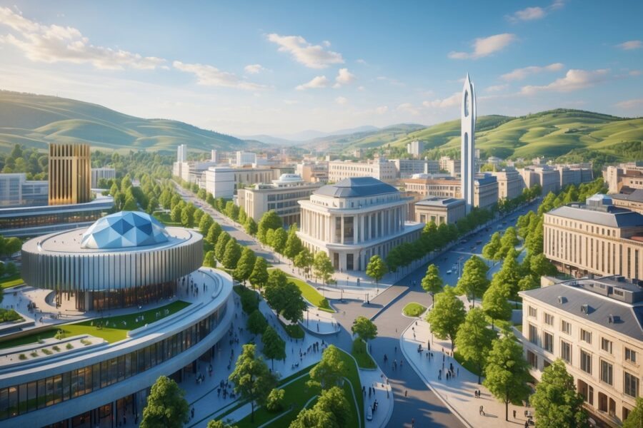 Vista panorâmica da cidade de Pristina com prédios modernos e históricos, áreas verdes e pessoas nas ruas em um dia claro.
