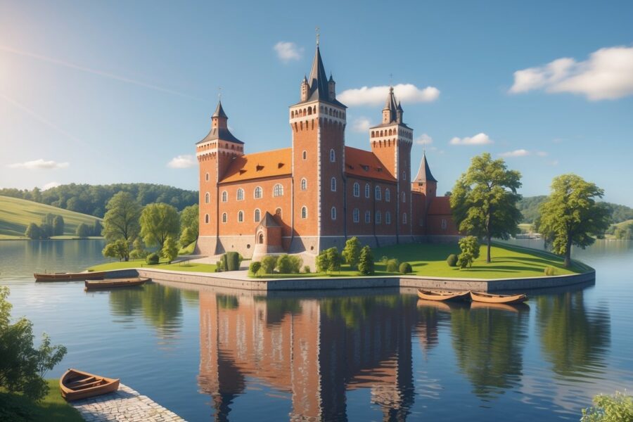 Castelo de Trakai em uma ilha cercada por um lago tranquilo, com árvores verdes ao redor e céu azul ao fundo.