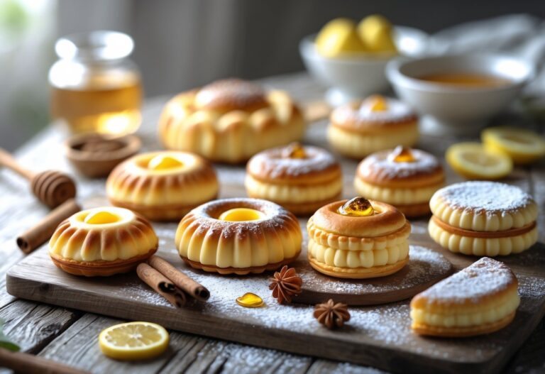 Mesa rústica com uma variedade de doces tradicionais portugueses, incluindo pastel de nata, queijadas e travesseiros, decorados com canela e fatias de limão.