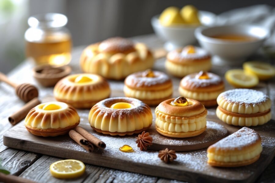 Mesa rústica com uma variedade de doces tradicionais portugueses, incluindo pastel de nata, queijadas e travesseiros, decorados com canela e fatias de limão.