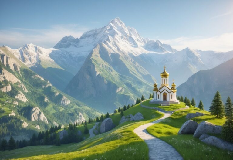 Vista da montanha Kazbek com o templo Gergeti Trinity no topo de uma colina cercada por florestas e vales verdes.
