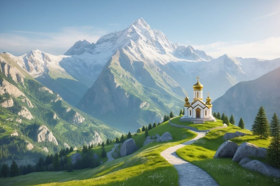 Vista da montanha Kazbek com o templo Gergeti Trinity no topo de uma colina cercada por florestas e vales verdes.