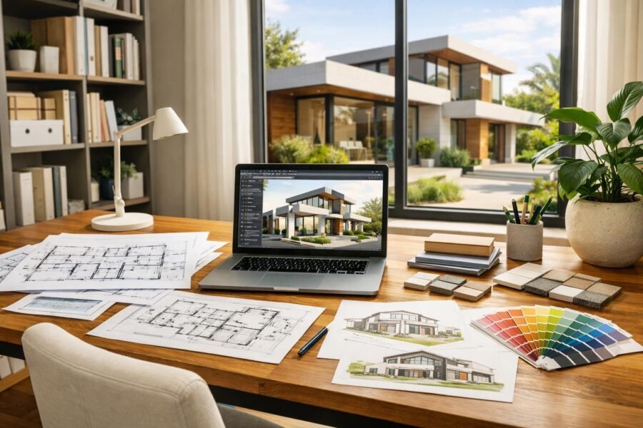 Ambiente de escritório com mesa, laptop, plantas e vista para uma casa moderna ao fundo.