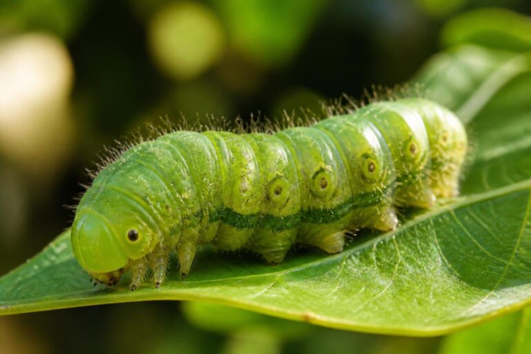 Uma lagarta verde descansando sobre uma folha verde em um ambiente natural.