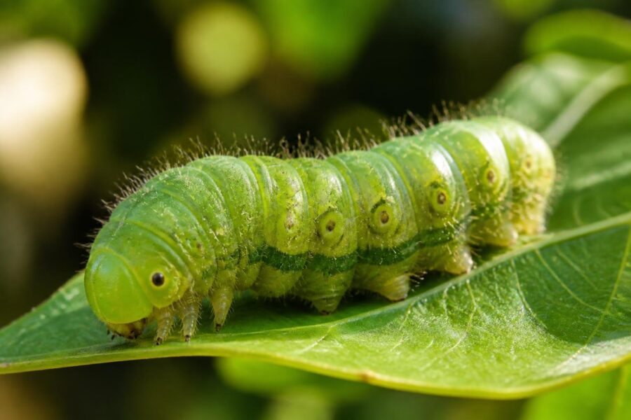 Uma lagarta verde descansando sobre uma folha verde em um ambiente natural.