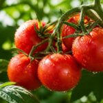 Tomates vermelhos maduros e brilhantes em um galho com folhas verdes ao fundo.