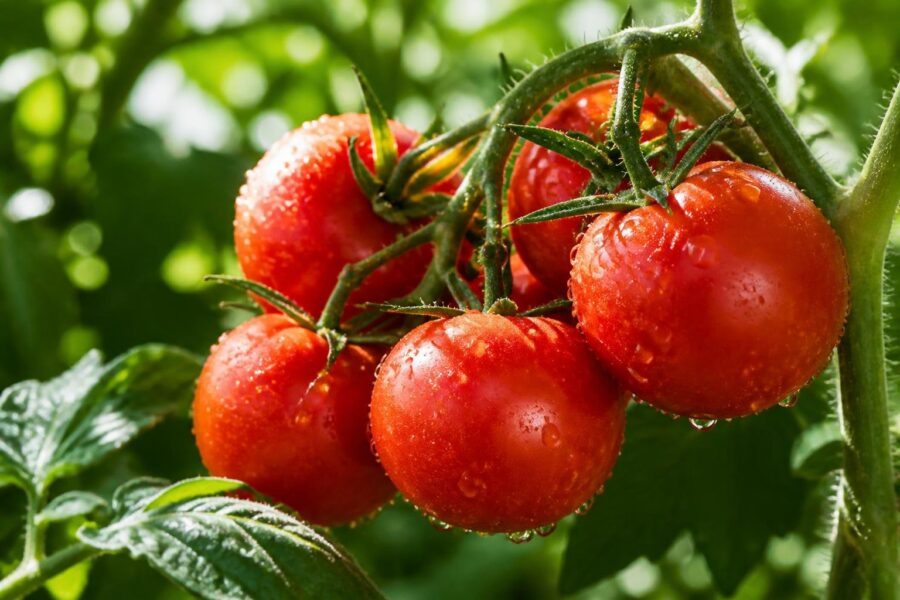 Tomates vermelhos maduros e brilhantes em um galho com folhas verdes ao fundo.