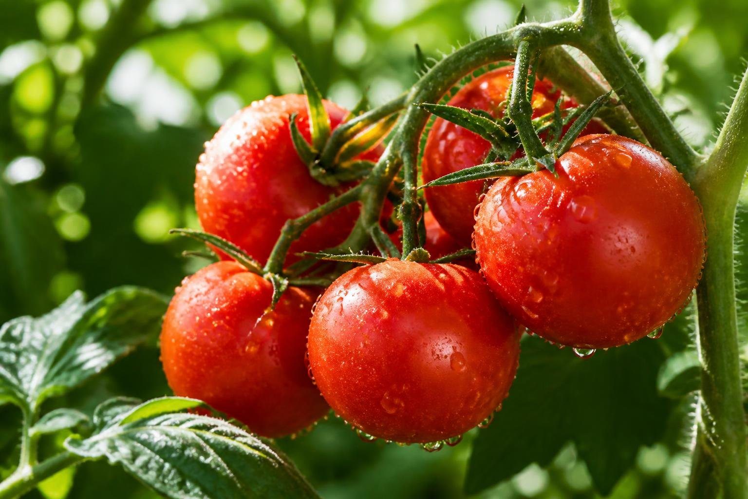Tomates vermelhos maduros e brilhantes em um galho com folhas verdes ao fundo.