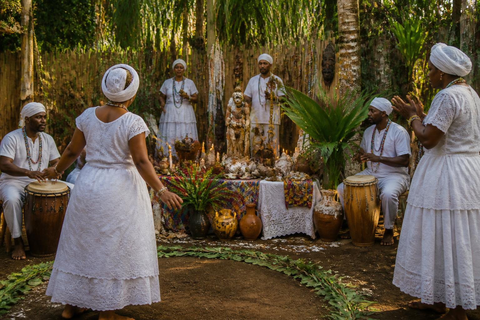 Espaço ao ar livre com altar decorado, pessoas vestidas de branco realizando cerimônia espiritual em meio a plantas tropicais.