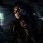 Pessoa com expressão perturbada e olhos brilhantes em ambiente escuro e nebuloso, transmitindo sensação de possessão demoníaca.