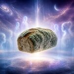 Pão mofado flutuando em um ambiente espiritual com luz suave e figuras etéreas ao redor.