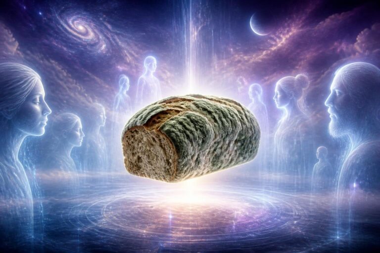 Pão mofado flutuando em um ambiente espiritual com luz suave e figuras etéreas ao redor.