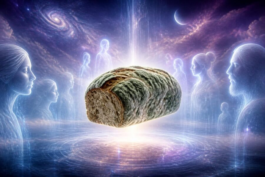 Pão mofado flutuando em um ambiente espiritual com luz suave e figuras etéreas ao redor.