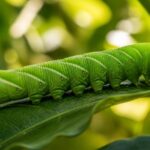 Uma lagarta verde vibrante descansando sobre uma folha verde em um ambiente natural ao ar livre.