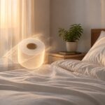 Um quarto tranquilo com uma cama arrumada e um rolo de papel higiênico flutuando suavemente acima dela.