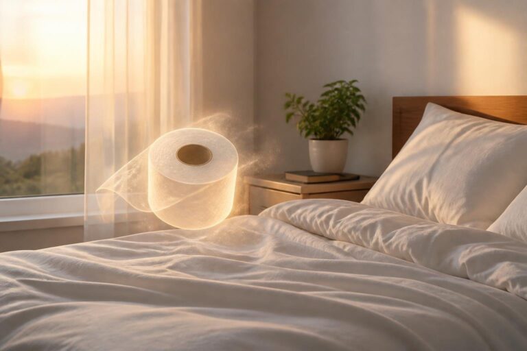 Um quarto tranquilo com uma cama arrumada e um rolo de papel higiênico flutuando suavemente acima dela.