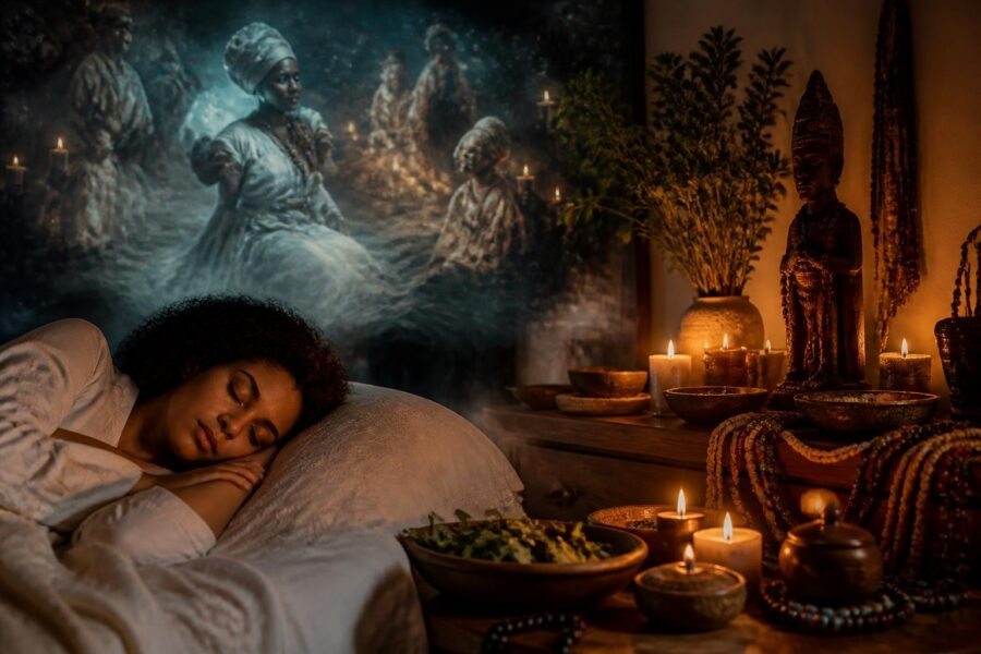 Pessoa dormindo em um quarto com velas acesas e um pequeno altar com objetos espirituais ao redor.