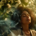 Mulher com olhos fechados em um ambiente natural com folhas verdes e flores brancas, cercada por fumaça suave e luzes tênues, transmitindo uma sensação de sonho e espiritualidade.