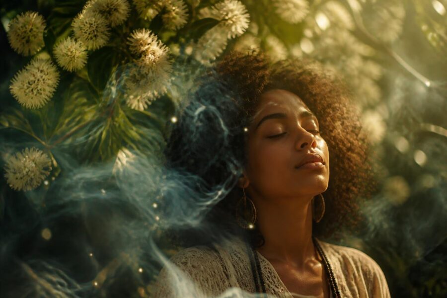 Mulher com olhos fechados em um ambiente natural com folhas verdes e flores brancas, cercada por fumaça suave e luzes tênues, transmitindo uma sensação de sonho e espiritualidade.