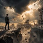 Pessoa em pé sobre chão rachado e desmoronando, com destroços caindo ao redor, céu nublado e edifícios parcialmente desabados ao fundo.