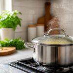 Panela de aço inoxidável com tampa de vidro em um fogão em uma cozinha moderna e iluminada.