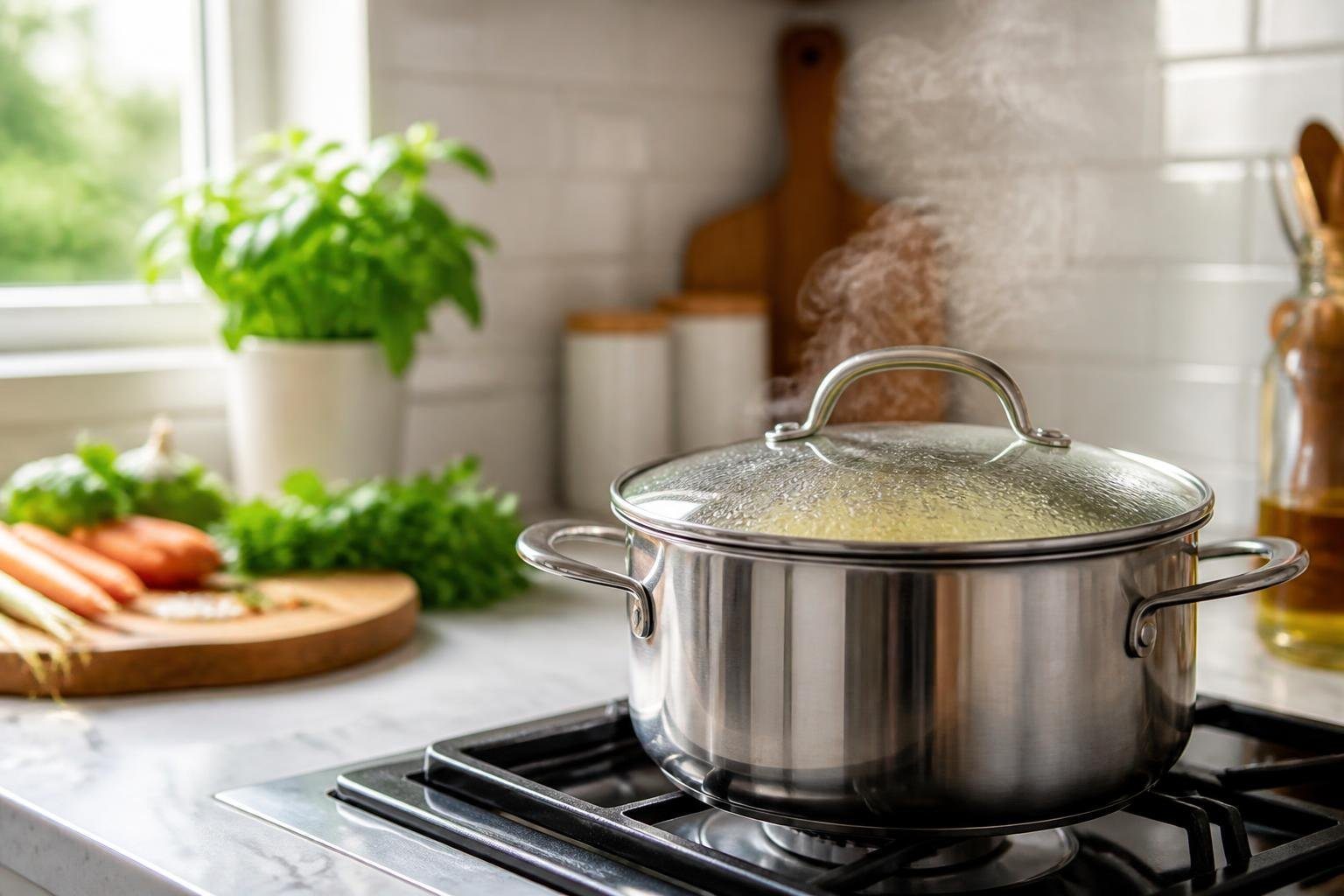 Panela de aço inoxidável com tampa de vidro em um fogão em uma cozinha moderna e iluminada.