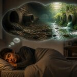 Pessoa dormindo em um quarto com uma ilustração de um sistema de esgoto em uma bolha de sonho acima da cabeça.