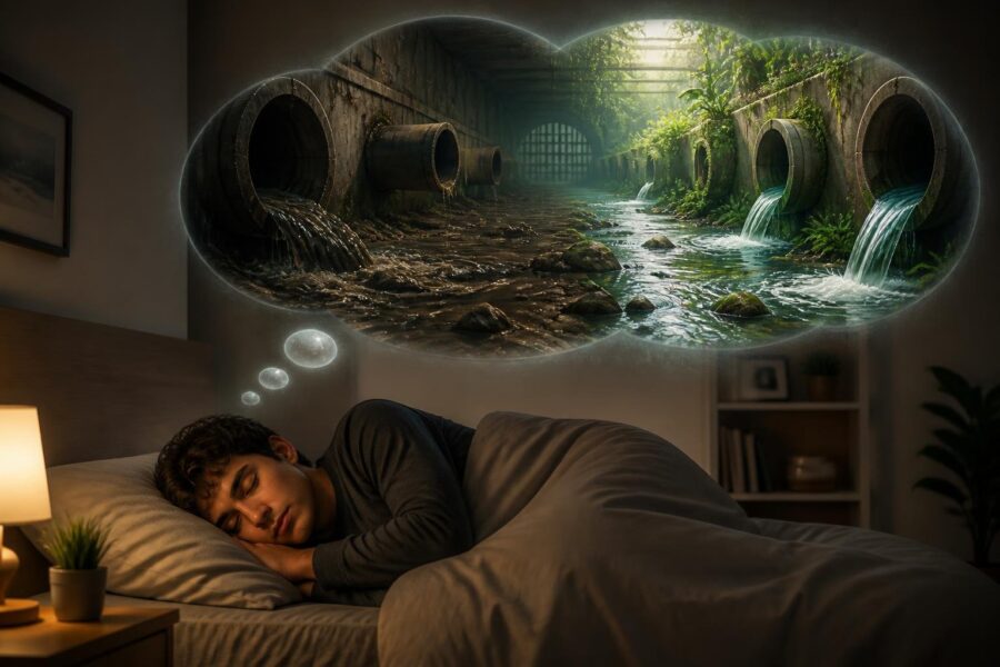 Pessoa dormindo em um quarto com uma ilustração de um sistema de esgoto em uma bolha de sonho acima da cabeça.