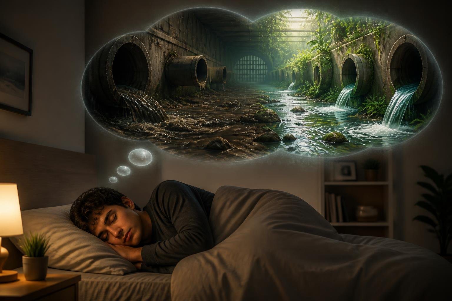 Pessoa dormindo em um quarto com uma ilustração de um sistema de esgoto em uma bolha de sonho acima da cabeça.