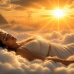 Mulher jovem deitada em nuvens sob um céu de amanhecer com raios de luz dourados e símbolos egípcios ao fundo.