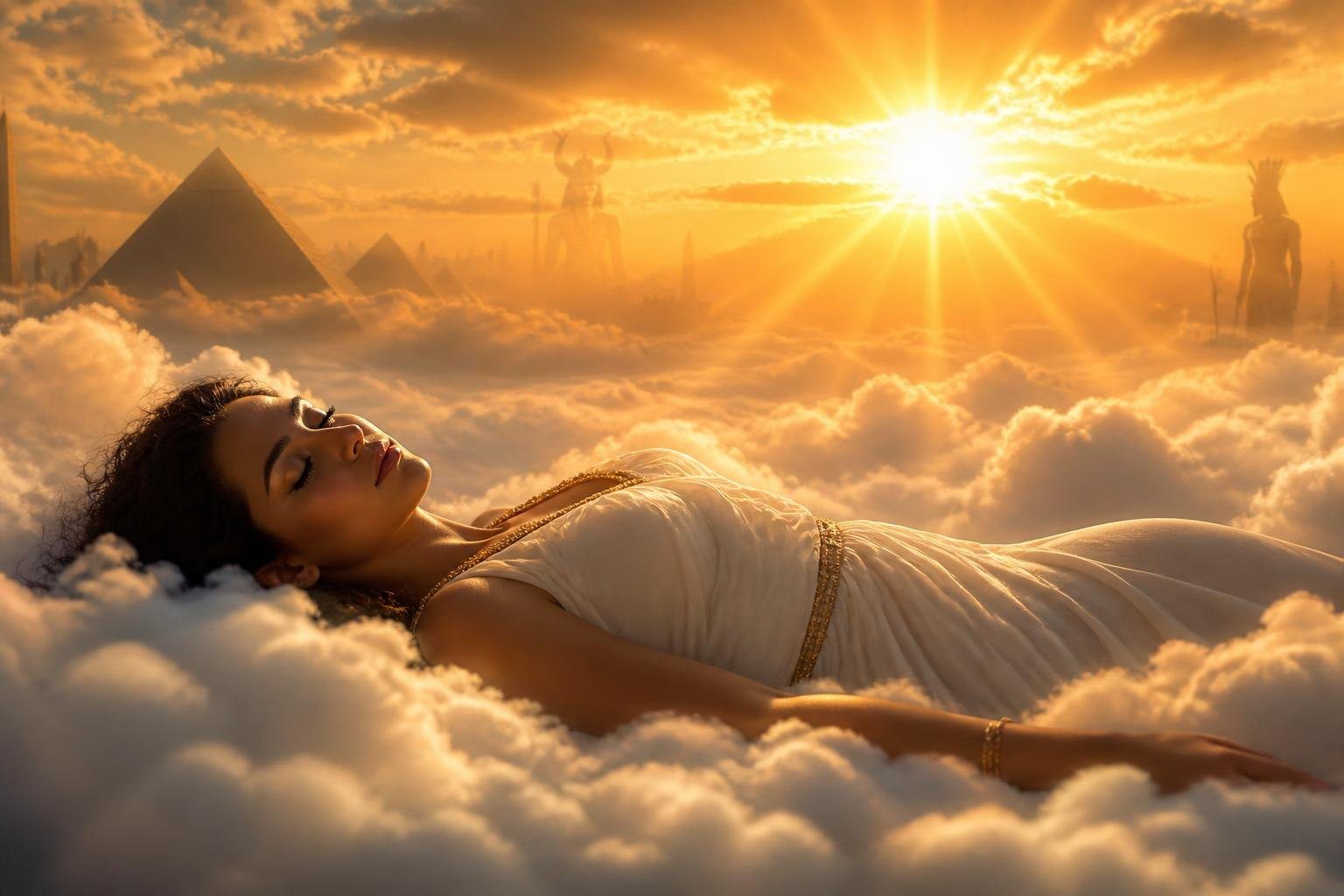 Mulher jovem deitada em nuvens sob um céu de amanhecer com raios de luz dourados e símbolos egípcios ao fundo.